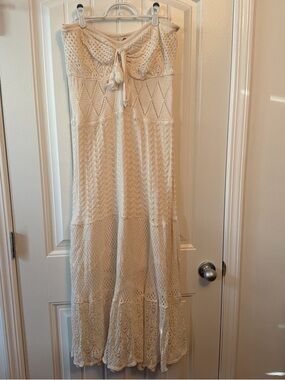FARM Rio Cream Strapless Crochet Maxi Dress with Tie